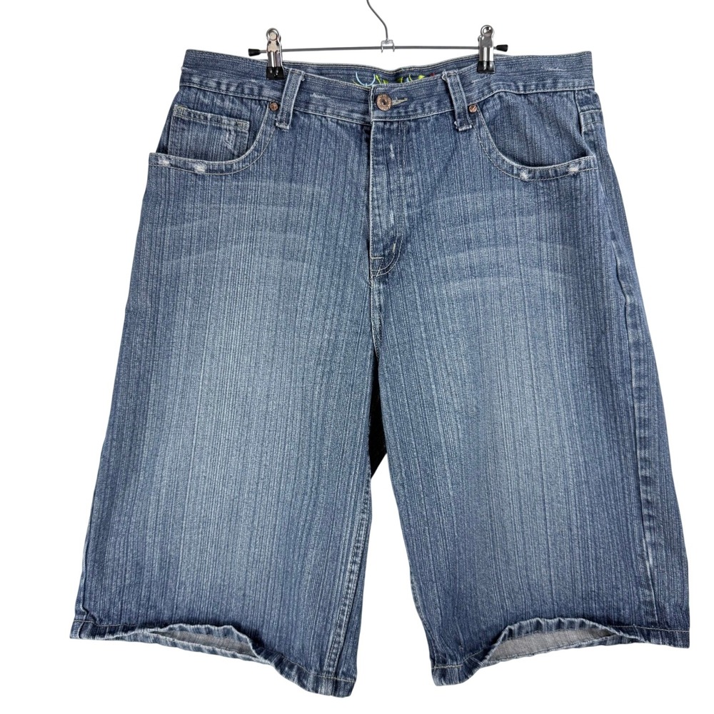 Vintage Y2K Baggy‎ Denim Shorts Blue Embroidered Jorts Mens W40 L15 RN118005